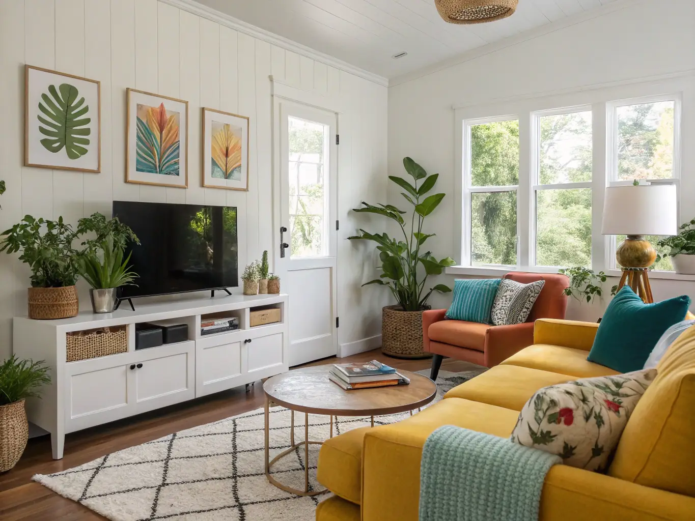 A beautifully painted living room with bright, vibrant walls and detailed trim work, showcasing the quality of SD FINISH PAINTING's interior residential painting services.