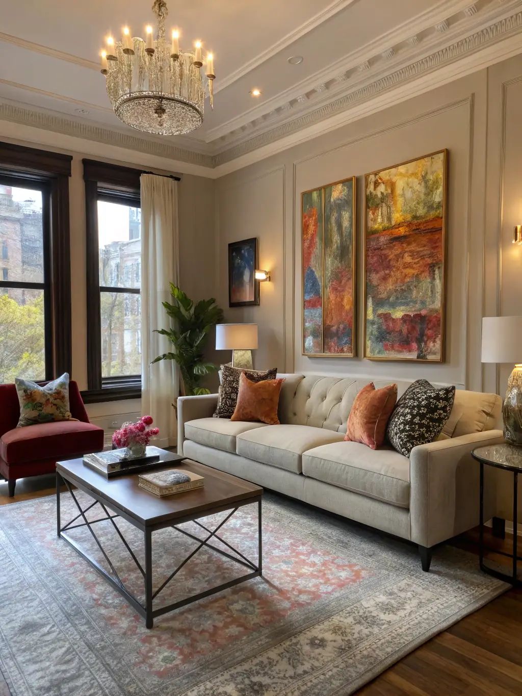 A brightly lit living room showcasing a recently painted interior with clean lines and vibrant, warm colors, emphasizing the quality of SD FINISH PAINTING's interior work.